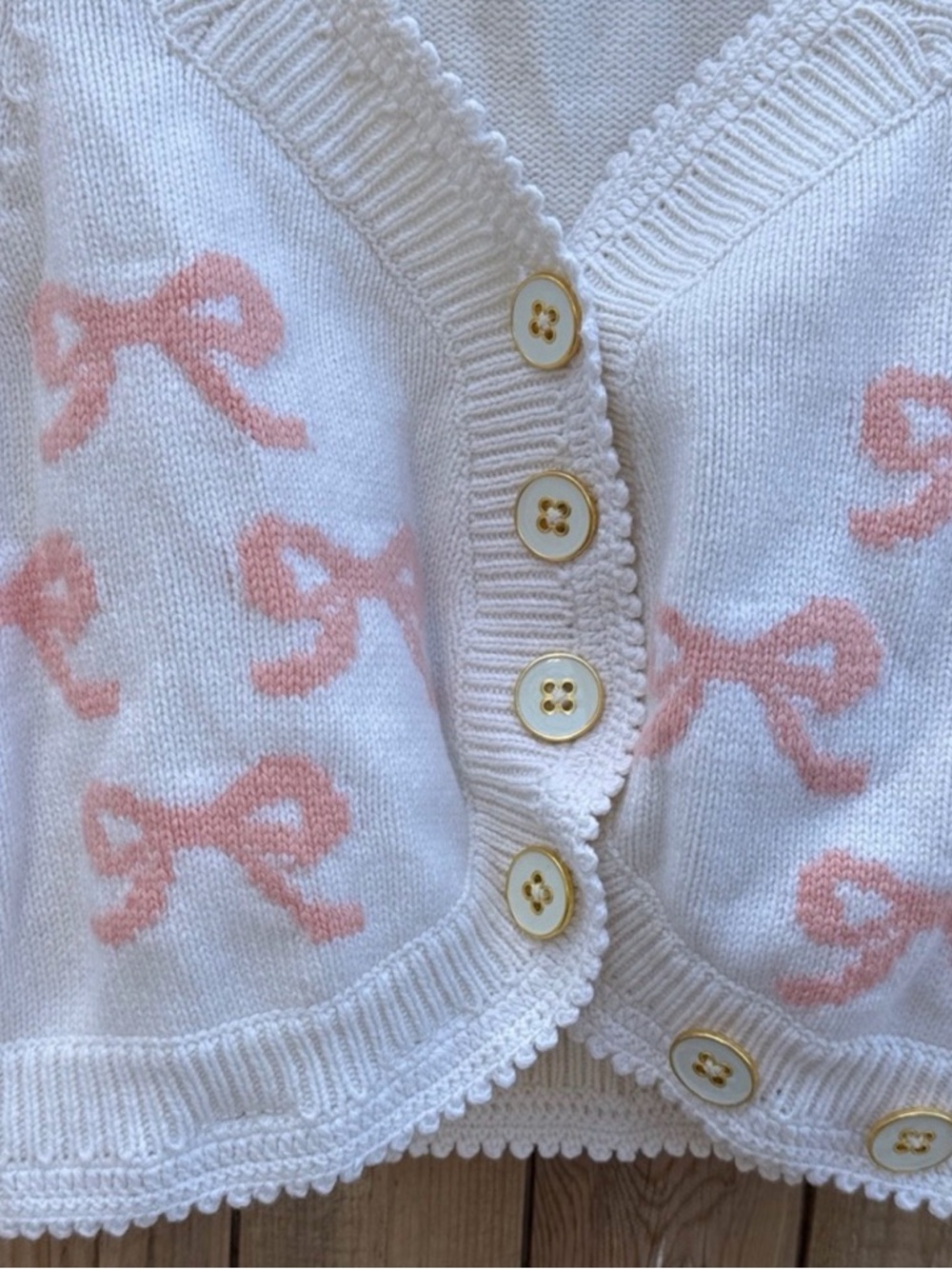 LoveShackFancy Cream Cropped Knit Sweater with Scalloped Edge - Picture 3 of 4
